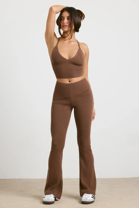 Chunky Knit Kick Flare Trousers in Espresso - UK Size:L